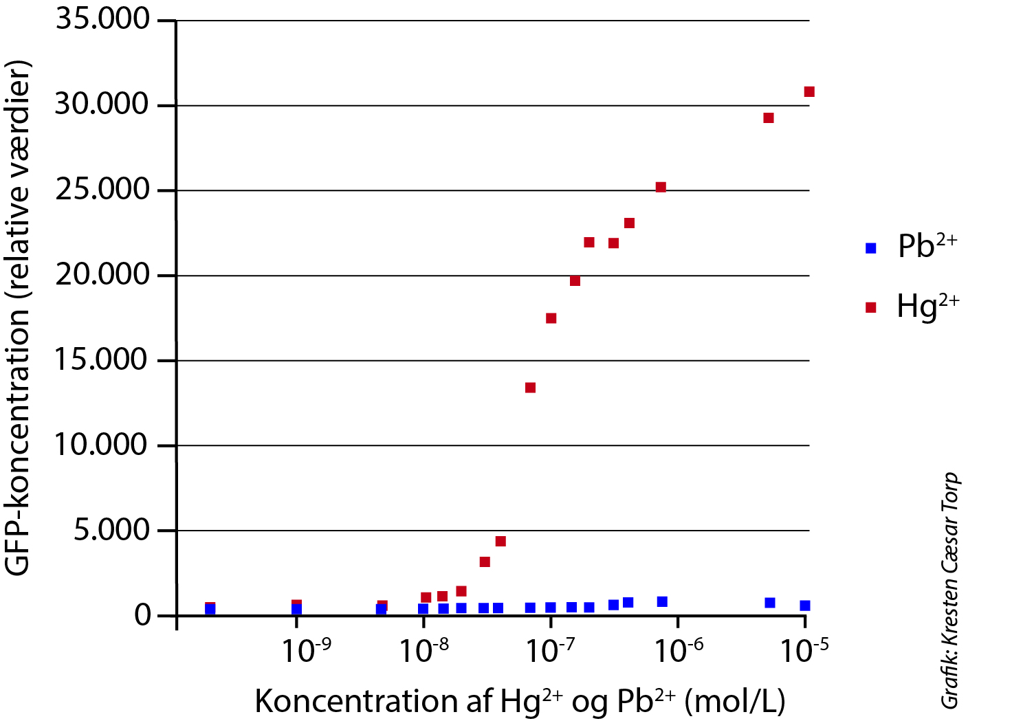 
                GFP-koncentration (relative værdier)
                35.000
                30.000
                25.000
                20.000
                15.000
                10.000
                5.000
                0
                10-9
                10-8
                10-7
                10-6
                10-5
                Koncentration af Hg2+ og Pb2+ (mol/L)
                Grafik: Kresten Cæsar Torp
                