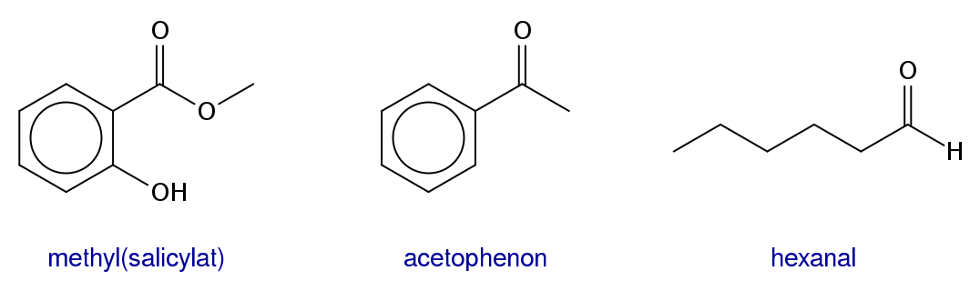 methyl(salicylat). acetophenon. hexanal
