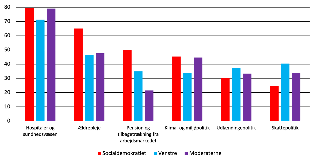 Hospitaler og sundhedsvæsen. Ældrepleje. Pension og tilbagetrækning fra arbejdsmarkedet. Klima- og miljøpolitik. Udlændingepolitik. Skattepolitik. Socialdemokratiet. Venstre. Moderaterne.