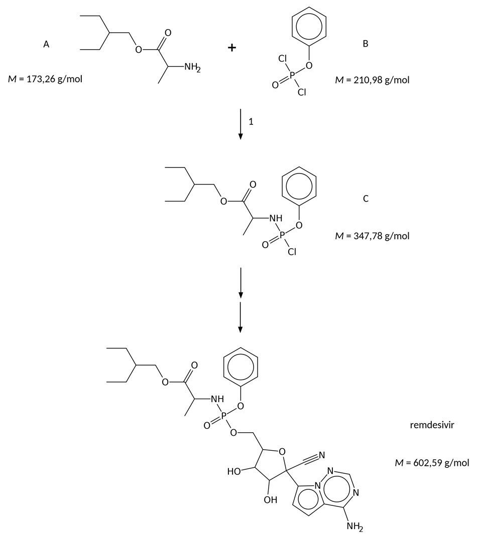 
A
M = 173,26 g/mol
+
B
M = 210,98 g/mol 
1
C
M = 347,78 g/mol
remdesivir
M = 602,59 g/mol

                                                