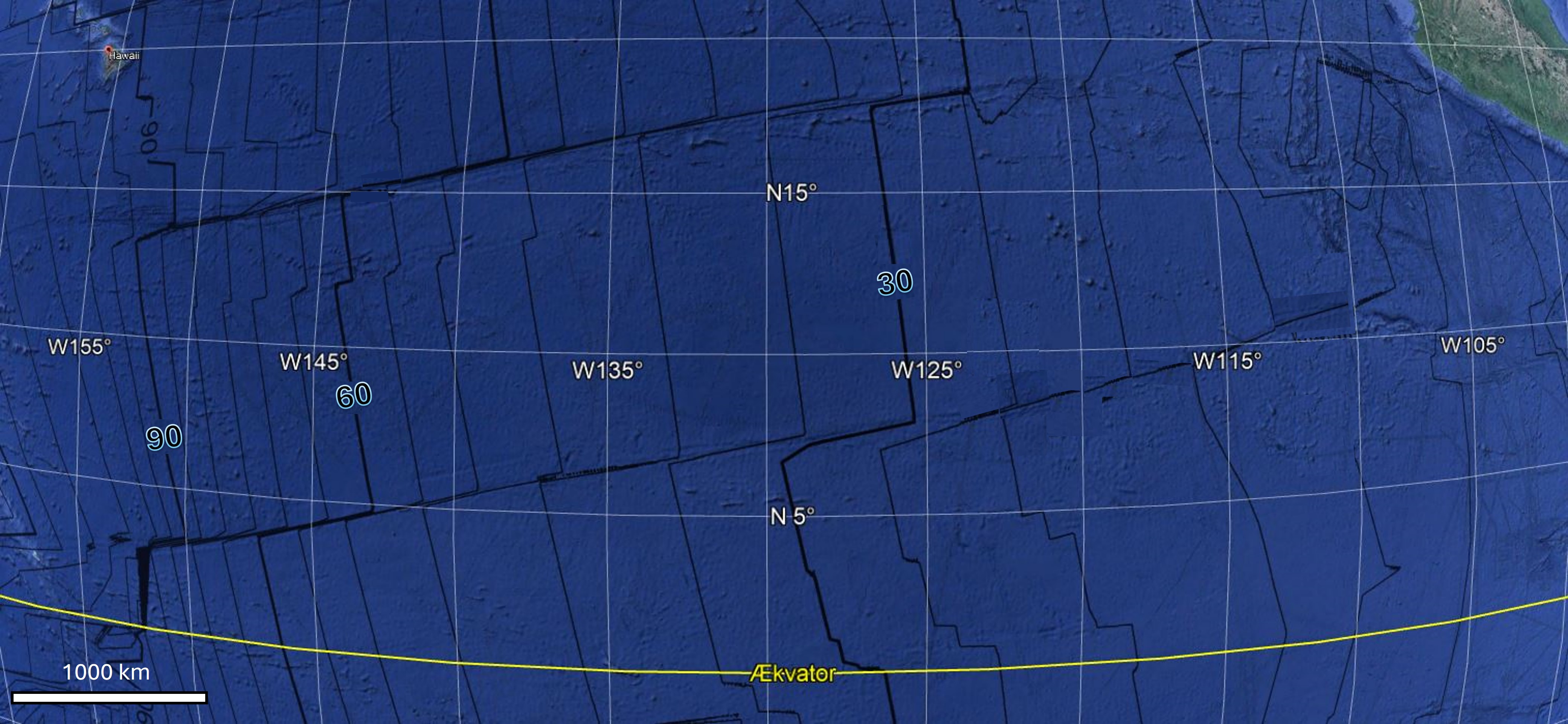Hawaii, N15°, W155°, W145°, W135°, W125°, W115°, W105°, N5°, Ækvator, 1000 km