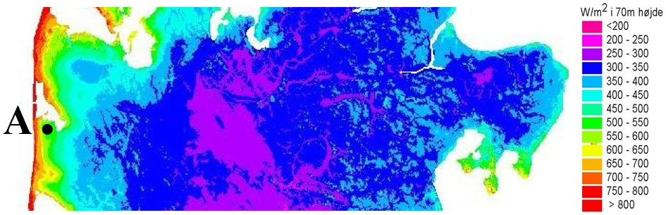 A. W/m2 i 70m højde; <200; 200 - 250; 250 - 300; 300 - 350; 350 - 400; 400 - 450; 450 - 500; 500 - 550; 550 - 600; 600 - 650; 650 - 700; 700 - 750; 750 - 800; > 800