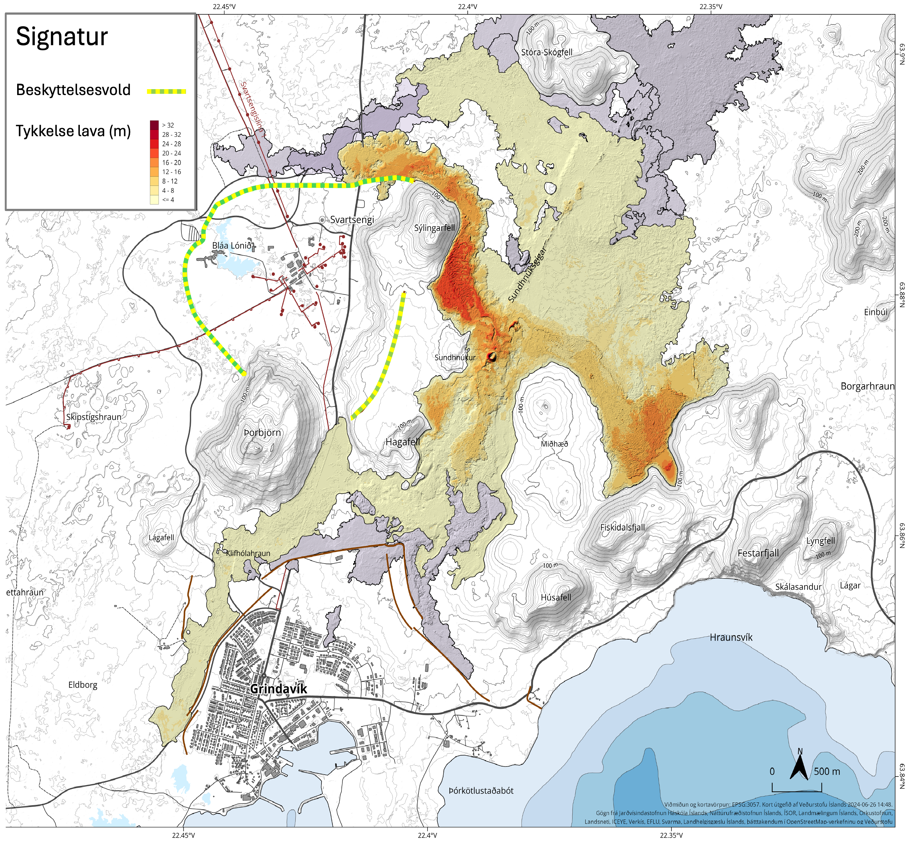 22.45°V 22.4°V 22.35°V Signatur Beskyttelsesvold Tykkelse lava (m) > 32 28- 32 24 - 28 20 - 24 16 - 20 12 -16 8-12 4- 8 <=4 Svartsengisling 1 100m Stora-Skogfell 63,9°N Svartsengi 100m Sylingarfell Bláa Lónio Sundhnuksigagar Einbúl 63.88°N63.88°N Sundhnukur Borgarhraun Skipstigshraun 100m Porbjörn 100m Hagafell 100m Miohæo Lágafell Klifhólahraun Fiskidalsfjall Festarfjall 100m Lyngfell 100m Húsafell Skálasandur Lágar Eldborg Grindavik Hraunsvik pórkötlustaõabot o 500m 63.84°N