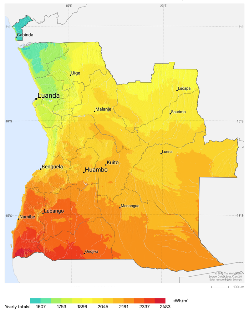 
                                Cabinda 
                                Uíge 
                                Lucapa 
                                Luanda 
                                Malanje 
                                Saurimo 
                                Luena 
                                Kuito
                                Benguela 
                                Huambo 
                                Menongue 
                                Lubango 
                                Namibe 
                                Ondjiva 

                                kWh/m2
                                Yearly totals: 
                                1607 
                                1753 
                                1899 
                                2045
                                2191
                                2337
                                2483
                                