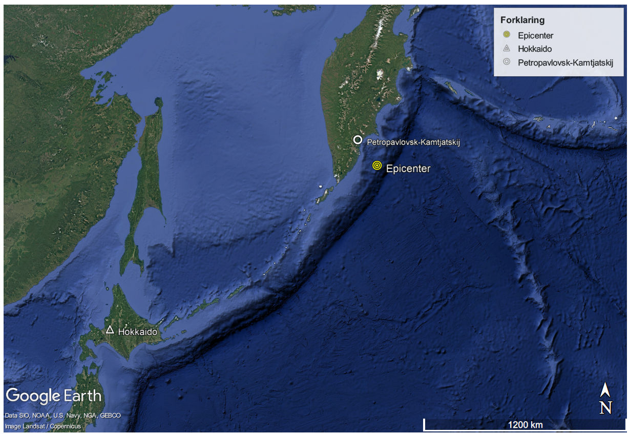 
                                Forklaring 
                                Epicenter 
                                Hokkaido 
                                Petropavlovsk-Kamtjatskij

                                Petropavlovsk-Kamtjatskij
                                Epicenter 
                                Hokkaido 
                                Google Earth
                                1200 km 

                                